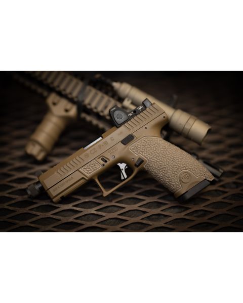 CZ P10c, Signature Frame Package, 2 Tone Glock FDE, ambidextrous Contact Patches, Top Serrations, Optic Package, Glock FDE Slide Cerakote, Trijicon RMR RM06